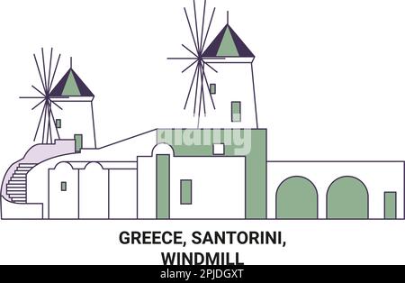 Griechenland, Santorin, Windmühle Reise Wahrzeichen Vektordarstellung Stock Vektor