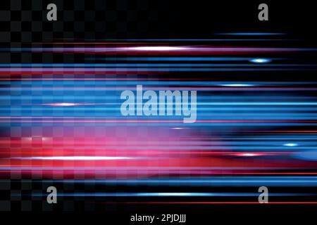 Laserlichtstreifen. Transparente Packung. Farbenfrohe Glitzer und Beleuchtung. Farbige Streifen. Blitzschnell leuchtende Farben in Rot und Blau. Unscharfe Bewegungslinien. Helles Leuchten. Abstrakter Vektorhintergrund Stock Vektor