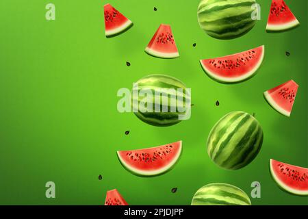 Realistische Wassermelonenscheiben, Fruchtsaft. Wassermelone Sommer leckeres Aroma, ganze oder geschnittene süße leckere Speisen fliegen. Webbanner-Vorlage, Verkaufshintergrund mit 3D Elementen, vektorisolierte Illustration Stock Vektor