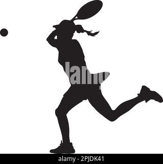 Weibliches Logo, das Bodentennis spielt, steht kurz davor, den Ball zu treffen Stock Vektor