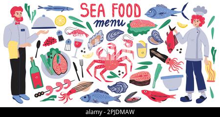 Speisekarte des Restaurants mit Fischgerichten. Tiere kochen in bunten Zeichnungen, Hummer und Austern, Happy Meal Zutaten. Mann und Frau, Kellner und Koch. Banner oder Poster. Vektor-komisches Tapetendesign Stock Vektor