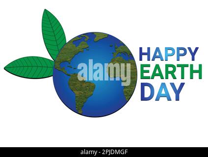 „Happy Earth Day“-Text mit Erdkugel und Blättern isoliert auf weißem Hintergrund. Vektordarstellung Stock Vektor