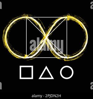 Bildpinsel mit der Hand Unendlichkeit in Begic geometrische Form isoliert zeichnen. Gelbes Infinity-T-Shirt-Design Vektordarstellung Stock Vektor