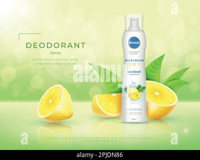 Frischer Zitronenduft. Werbeposter mit Deodorant. Parfüm von grünen und gelben Zitrusfrüchten. Kosmetikprodukt für Katalog. Sprühflasche. Schweißschutz. Design von Werbebannern. Vektor-realistischer Hintergrund Stock Vektor