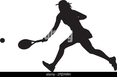 Weibliches Logo, das Bodentennis spielt, steht kurz davor, den Ball zu treffen Stock Vektor