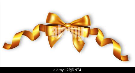 Realistisches Geschenkband, goldene Schleife. Goldene Geschenkdekor, gelbes Curlingband für Geburtstagsfeiertage, weihnachten oder Geburtstagsgeschenke Dekoration, eleganter Satin oder Seide. Isoliertes glänzendes Vektor-3D-Element Stock Vektor