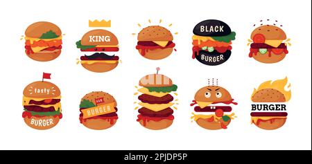 Burger-Logo. Ein großes Hamburger-Logo für ein Café. Fastfood. Mittagsmenü-Set. Symbole für Cheeseburger-Broschüren. Kreatives Gourmet-Label des Küchenchefs. Essen mit Gesichtern und Buchstaben. Vektorhintergrundzeichnung Stock Vektor