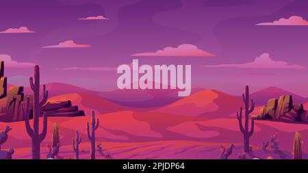 Wüstenlandschaft in Arizona. Sonnenuntergang. Berglandschaft. Kakteen in heißen Prärieländern. Pinke, trockene Canyon-Spielszene. Afrikanische Sahara. Sanddünen. Malerisches wildes Panorama. Hintergrund der Vektordarstellung Stock Vektor
