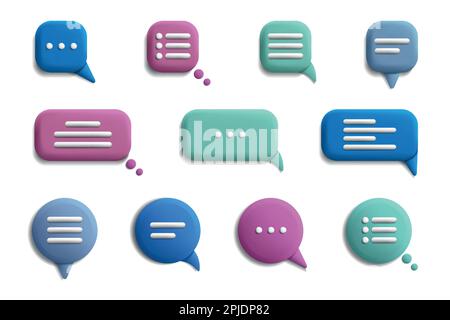 3D Sprechblasen. Realistische Schaltflächen für Sprache und Zitate, Platz zum Kopieren von Text, dialogkommunikation, isolierte Elemente für Kommentare, runder und quadratischer, farbenfroher Ballon. Symbolgruppe für Vektordarstellung Stock Vektor