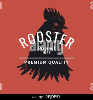 Tierhahndruck, Haustiermarke. Vintage Metzger Poster oder Food Label, Retro Farm Restaurant, Chicken Logo. Hochwertiges Bio-Fleisch. Darstellung der isolierten Silhouette mit Vektorcockerel Stock Vektor