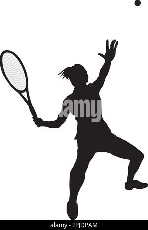 Weibliches Logo, das Bodentennis spielt, steht kurz davor, den Ball zu treffen Stock Vektor