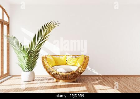 Minimalismus 3D Interieur, Modell, Kopierbereich für Text, weiße Wand, Banner. Sonniger Sommer, tropisches Thema, Konzept von Ruhe und Entspannung. Stockfoto