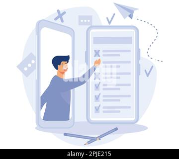 Konzept der Online-Umfrage. Winzige Menschen füllen Online-Umfrageformular auf Smartphone oder Laptop aus. Feedback-Service. Flache Vektoren, moderne Illustration Stock Vektor