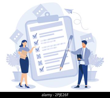 Konzept der Online-Umfrage. Winzige Menschen füllen Online-Umfrageformular auf Smartphone oder Laptop aus. Feedback-Service. Flache Vektoren, moderne Illustration Stock Vektor