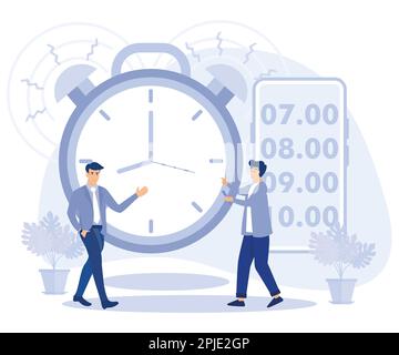 Der Wecker klingelt. Wach auf. Good-Morning-Konzept. Die Leute wachen morgens auf und folgen der Routine des Tages. Der Beginn des neuen Tages. Flacher Vektor, moderne Ausstrahlung Stock Vektor