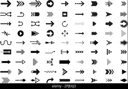 Satz mit 91 Pfeilen, großen schwarzen Symbolen. Pfeilsymbol. Arrow-Vektorsammlung. Pfeil. Cursor. Moderne einfache Pfeile. Vektordarstellung Stock Vektor