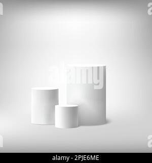 Realistische weiße, leere runde Podien. Minimalszene für Produktdemonstration. Abstrakte Szene mit zylindrischen Podien. Stock Vektor