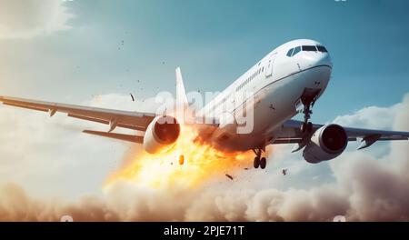 Explosion eines Flugzeugs mit brennendem Triebwerk Stockfoto