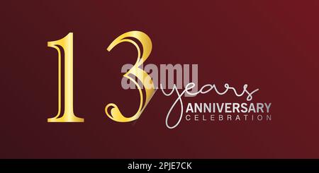 Jubiläumsfeier zum 13. Geburtstag: Logo-Nummer in Goldfarbe mit rotem Hintergrund. vektorjubiläum für die Feier, Einladungskarte und Gruß c Stock Vektor