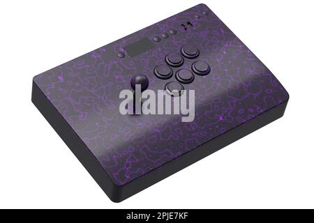 Klassischer Arcade-Stick mit Joystick und Tasten in Turnierqualität mit nahtlosem Wellenmuster auf weißem Hintergrund. 3D-Rendering von Spielautomaten, Streaming Stockfoto