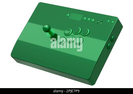Klassischer Arcade-Stick mit Joystick und Knöpfen in Turnierqualität mit grüner Chromstruktur auf weißem Hintergrund. 3D-Rendering von Spielautomaten, Streaming Stockfoto