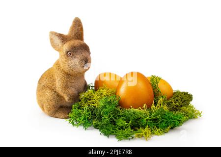 Osterhase bewacht drei goldene Eier in einem Moos-Nest, isoliert auf weißem Hintergrund Stockfoto