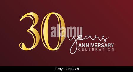 Jubiläumsfeier zum 30. Geburtstag: Logo-Nummer in Goldfarbe mit rotem Hintergrund. vektorjubiläum für die Feier, Einladungskarte und Gruß c Stock Vektor