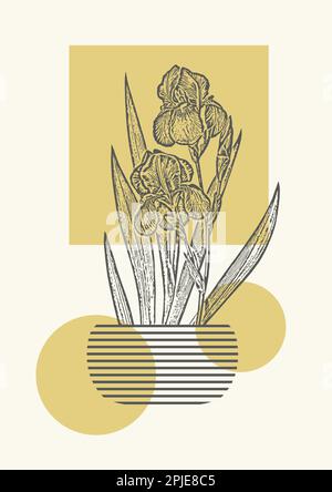 Poster mit zeitgenössischer Kunst mit Irisblende in Vase. Minimalistisch bedruckbare Wandschmuck. Geometrische beige Elemente Stock Vektor