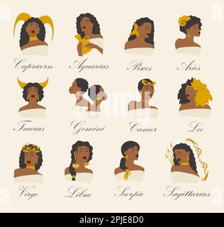 Astrologische zeitgenössische Zeichen Cartoon-Vektorbilder werden gesetzt. Horoskop-Kalendersymbole Persönlichkeiten. Zeichensatz für den Druck Stock Vektor