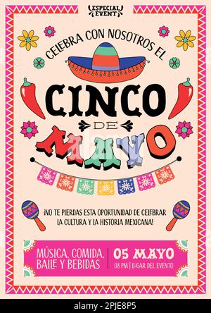 Cinco de Mayo - 5. Mai, Bundesurlaub in Mexiko. Fiesta Banner- und Posterdesign Flaggen, Blumen, Dekorationen. Feiern Sie mit uns. Musik, Tanz Stock Vektor