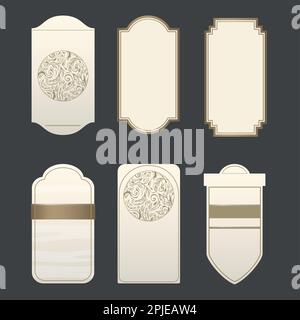 Zierschilderrahmen. Alte kunstvoll verzierte Etiketten, dekorativer Vintage-Rahmen und Retro-Emblem. Königliche Hochzeitsabzeichen, Verkaufsaufkleber oder Einladungskarte. Stock Vektor