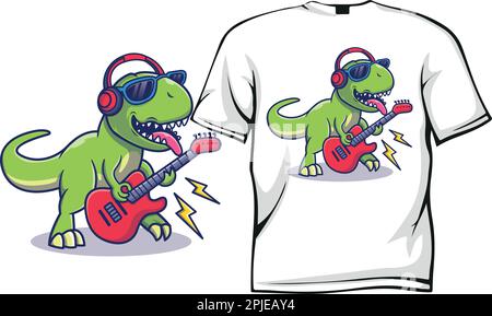 Schaukelspieler Dinosaurier mit Sonnenbrille, die Gitarrenzeichnung, Vektordruck. Lustiges T-Shirt-Design für Kinder. Süßes Dinosaurier-Design. Stock Vektor