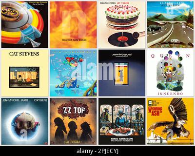 Set aus alten Rock- und Pop-Musik-LP-Plattencover, Sammlung von Musikalbum-Designs Stockfoto