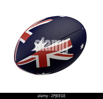 Ein weiß strukturierter Rugby-Ball mit Farbdesign, das die australische Nationalflagge auf einem isolierten Hintergrund darstellt - 3D-Rendering Stockfoto