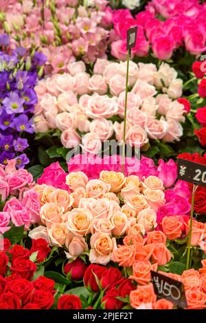 Straßenmarkt in Osaka, Japan. Nahaufnahme mit einer Reihe von Blumensträußen in verschiedenen Farben und Sorten am Blumenstand. Stockfoto