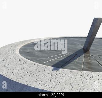 Eine moderne, runde Sonnenuhr aus Stein mit geätzten römischen Ziffern, die auf einem monolithischen Steinsockel auf einem isolierten Studiohintergrund steht - 3D Render Stockfoto