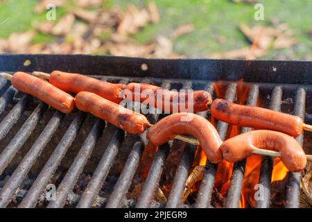 Die knisternden Würstchen auf dem Grillrost über einem knisternden Feuer machen das perfekte Barbecue aus. Stockfoto