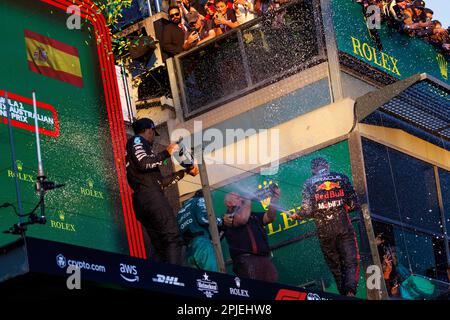Melbourne, Australien. 02. April 2023. 2. April 2023: Melbourne Grand Prix Circuit, Melbourne, Victoria, Australien: Australian Formula 1 Grand Prix: Race Day: The Podium after Credit: Action Plus Sports Images/Alamy Live News Stockfoto