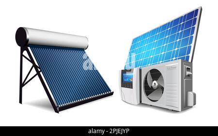 Wärmepumpe, Wechselrichter und Solarmodul als Konzept für ein grünes Energiesystem Stockfoto