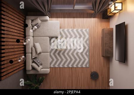 Wohnzimmer mit 3D-Rendering, graues Sofa, Fernseher, Roboter-Staubsauger, Couchtisch und Schrank, Dekoration, grüne Pflanze im Topf. Draufsicht Stockfoto
