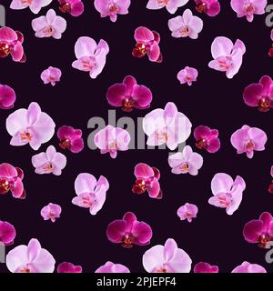 Schönes nahtloses Muster aus Orchideenblumen. Orchideen-Muster für Design auf dunkelviolettem Hintergrund. Stockfoto