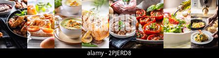 Alle Arten von verschiedenen lesefertigen Mahlzeiten in einem einzigen Food Konzept Bannerfoto. Stockfoto