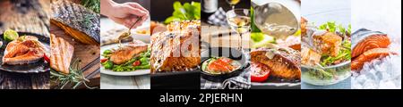 Lachsspeisen Lebensmittelkonzept fertiger Gerichte in einer Collage im Bannerformat. Stockfoto