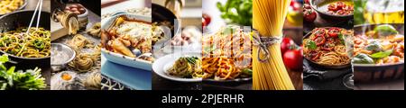 Italienisches Pasta-Speisenkonzept mit verschiedenen Arten roher, gekochter und hausgemachter Pasta in verschiedenen Gerichten. Stockfoto