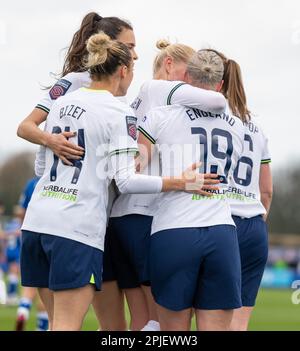 Walton Hall Park, Liverpool, Merseyside, England. 2. April 2023 Das Tottenham-Team feiert das Eveliina-Tor während der Everton Football Club Women V Tottenham Hotspur Football Club Women im Walton Hall Park in der Women's Super League (WSL)/Barclays Women's Super League (BWSL). (Bild: ©Cody Froggatt/Alamy Live News) Stockfoto