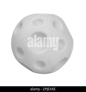 Foto eines Spielzeugballs mit Kratern auf hellem Hintergrund, das Konzept der Eroberung des Weltraums und neuer Planeten Stockfoto