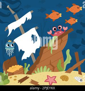 Vektor unter der Meereslandschaft Illustration mit zerstörtem Schiff und Schatztruhe. Meeresleben mit Sand, Algen, Korallen, Riffen. Süßes quadratisches Wat Stock Vektor