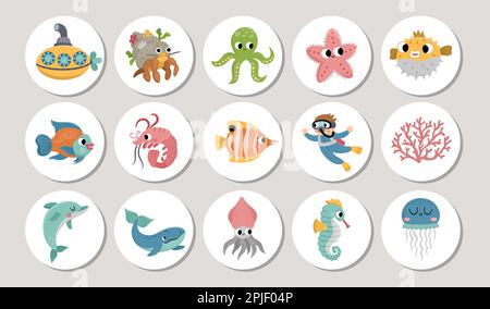 Niedliche Karten mit Delfinen, Walen, Seesternen, Kraken. Vector Ocean Life hebt Symbole hervor. Wasserdesign für Anhänger, Anzeigen, Social-Media-Geräte Stock Vektor