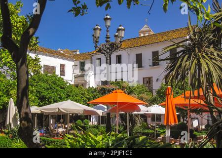 Ein malerisches Restaurant mit vielen Bäumen und Sonnenschirmen in der Altstadt von Marbella in Andalusien, Spanien Stockfoto