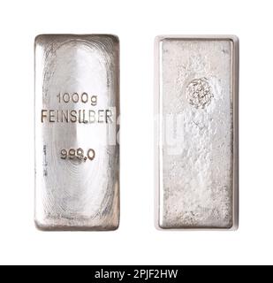 Silberne Leiste, Vorder- und Rückseite, isoliert von oben. Gusssilberbarren mit 1000 Gramm, etwa 32 Troy oz reinem Metall. Echtes Geld, ein Wertgeschäft. Stockfoto